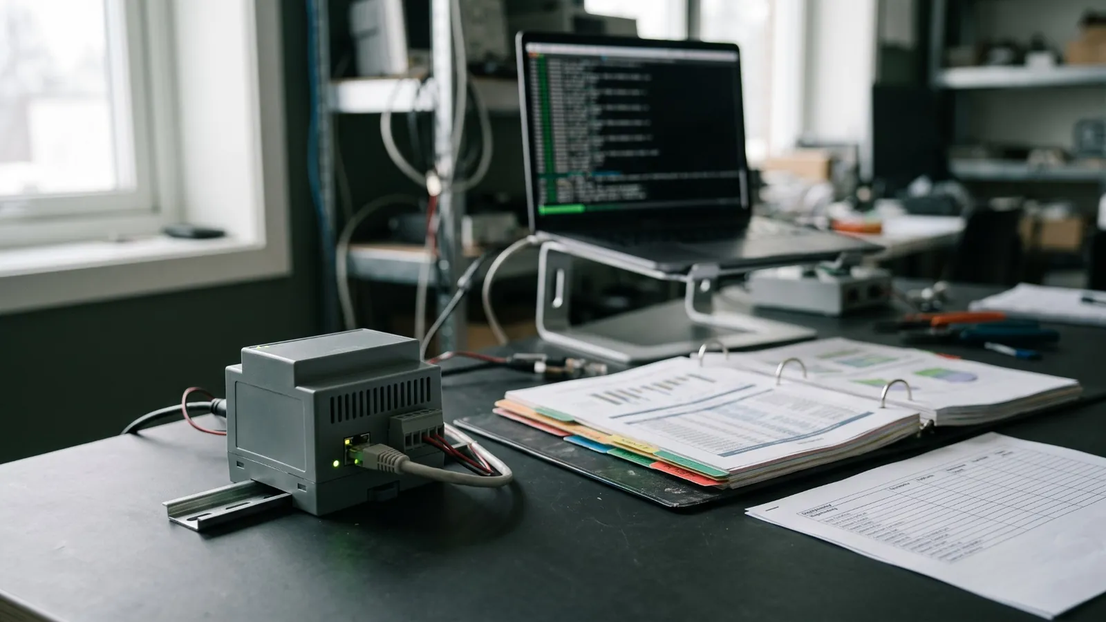 A DIN-rail industrial gateway with its status light on, beside an open binder of tabbed compliance records and a laptop showing a terminal log.