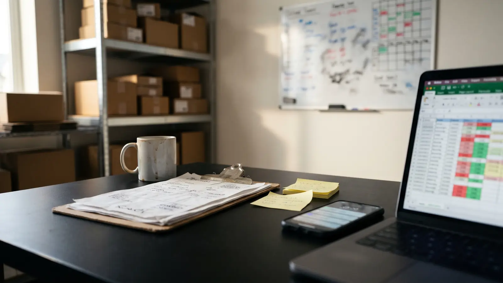 A small back office late in the day: delivery slips on a clipboard, sticky notes and a phone beside a laptop open on a colour-coded spreadsheet, a cold mug of coffee, shelves of boxed stock and a half-erased crew schedule on a whiteboard behind.