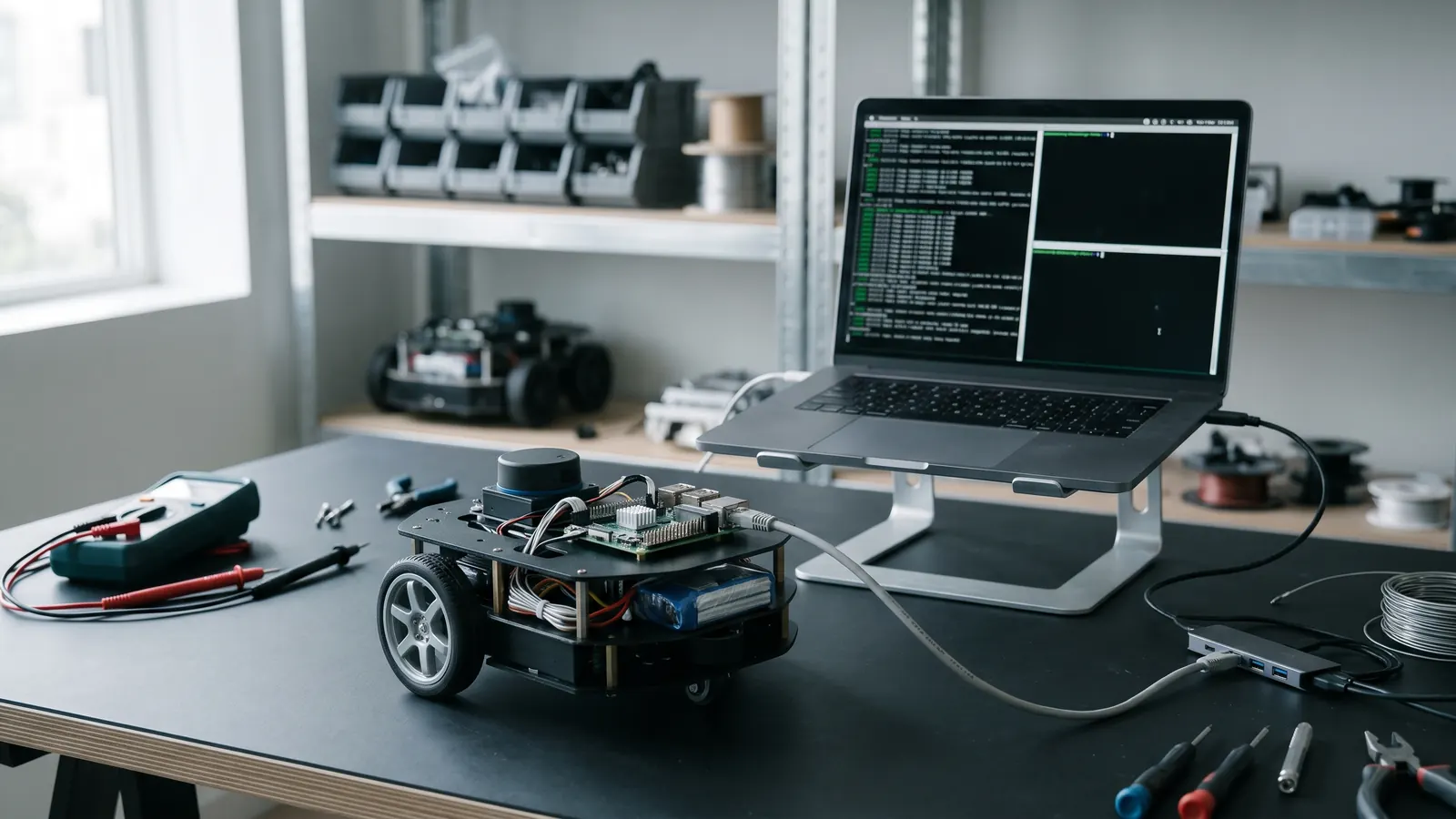 A small wheeled robot base on a workbench, its compute board, lidar and battery exposed, cabled to a laptop showing terminal windows side by side, with a second robot chassis on the shelves behind.