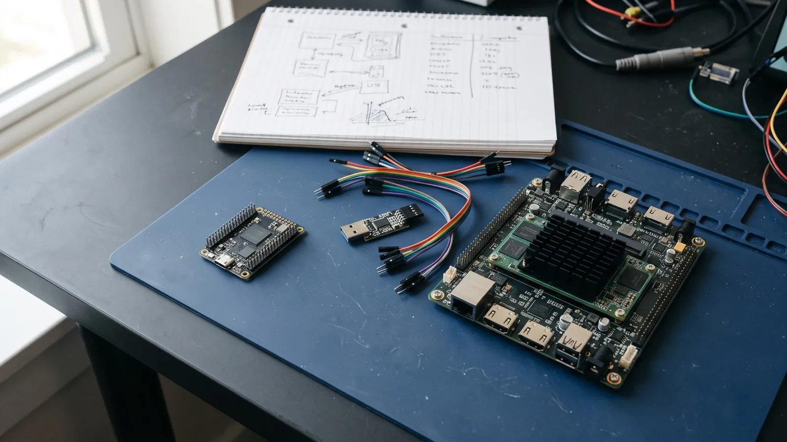A small single-purpose board and a larger system-on-module carrier board side by side on a bench mat, with a USB serial adapter and a notebook of comparison notes.