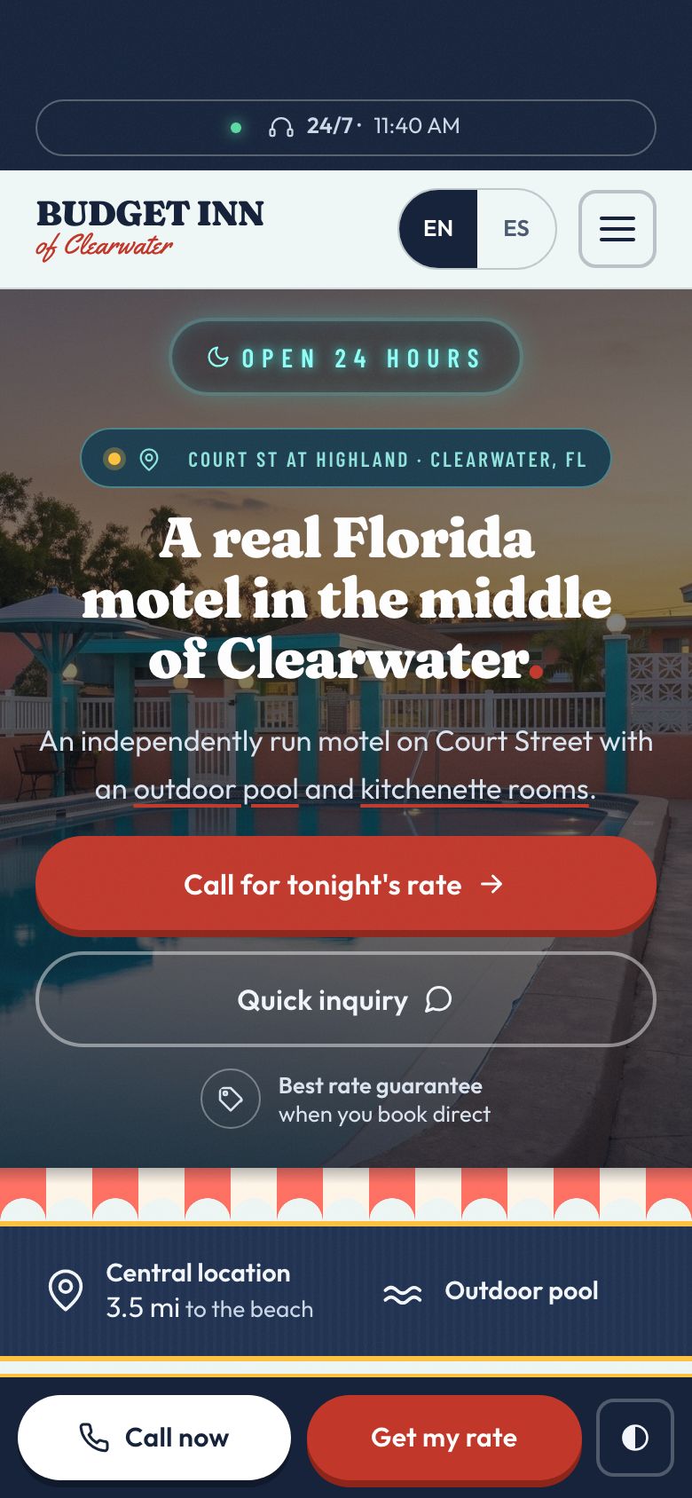 Budget Inn of Clearwater's home page, on a phone