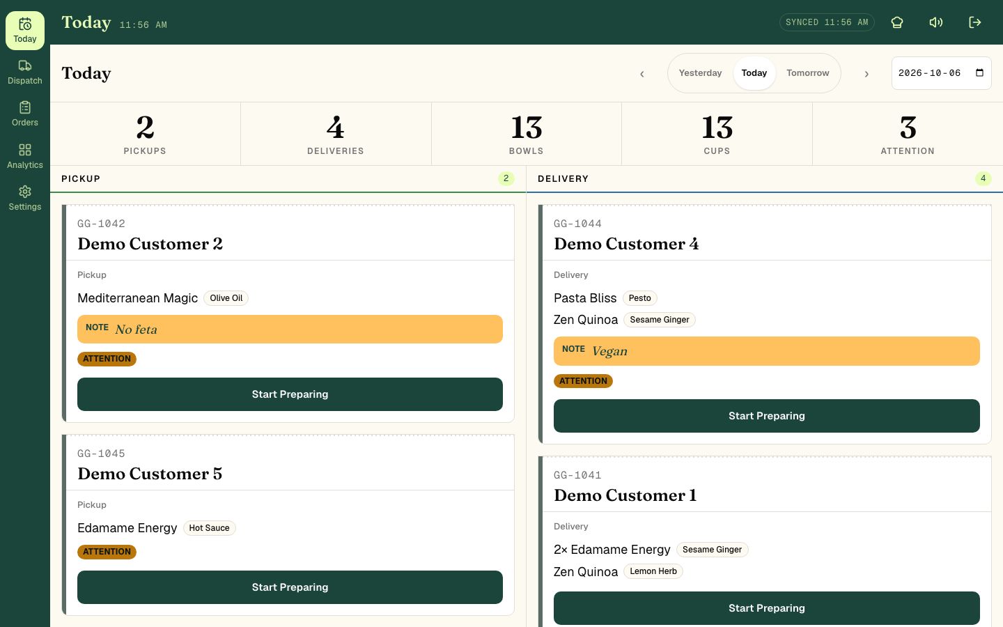 The Grain & Greens kitchen dashboard, shown with demo orders