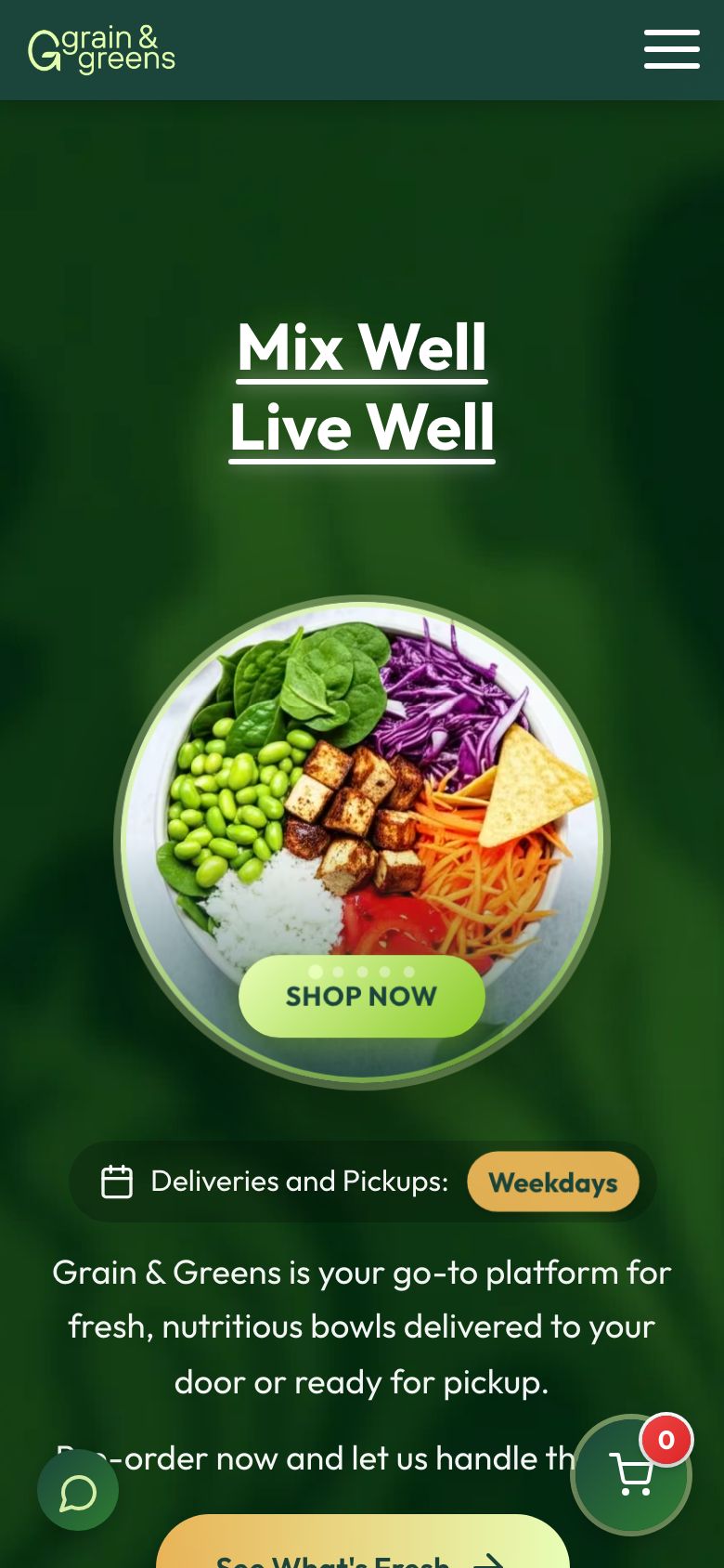 Grain & Greens' home page, showing their salad bowls, on a phone